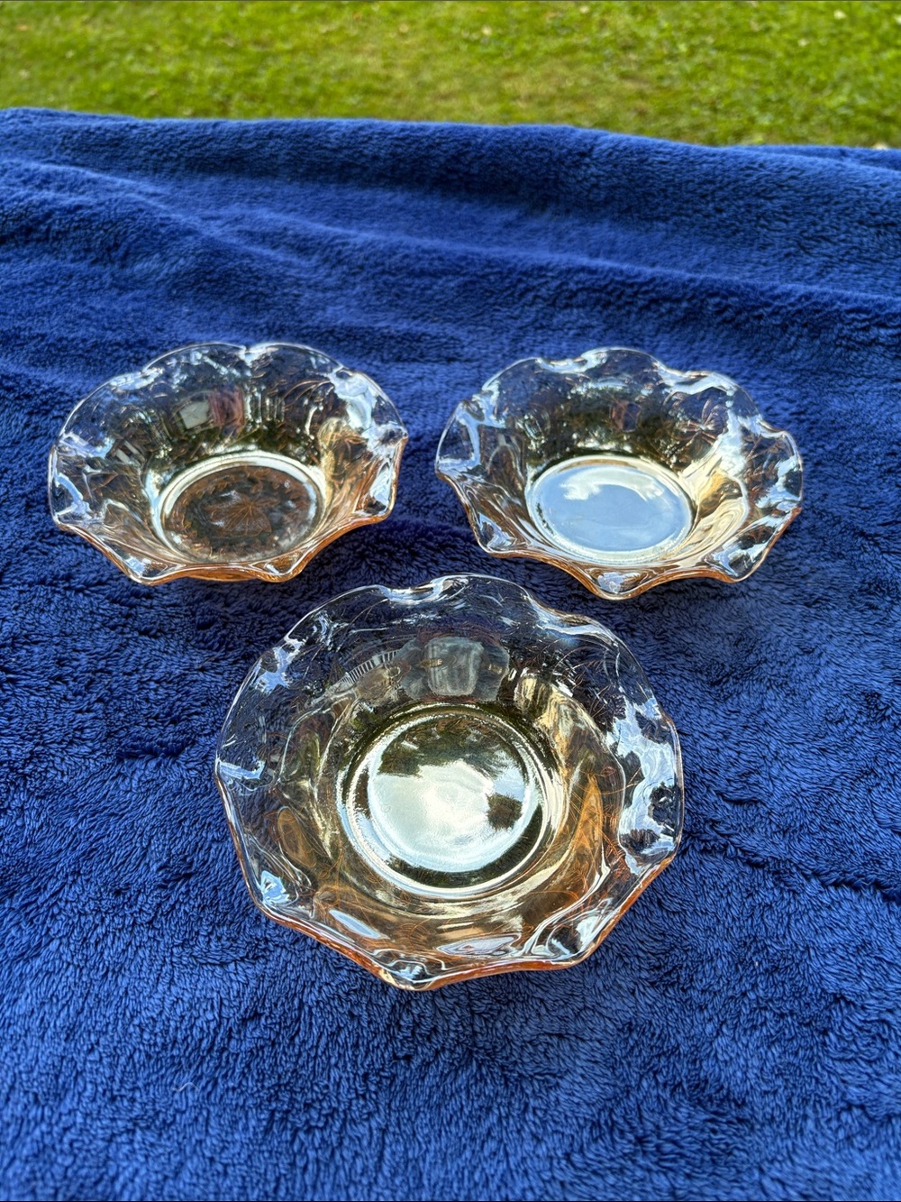 Jeanette Glass Floragold Marigold Carnival Glass Berry Dessert Bowls Set of 3.